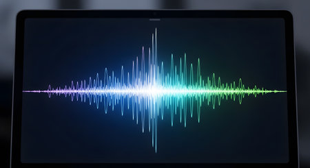 A close-up of a laptop screen displaying a vibrant, colorful sound wave or audio waveform, glowing in blue, purple, and green on a dark background. The image represents audio recording, music production, sound analysis, or voice recognition.の素材