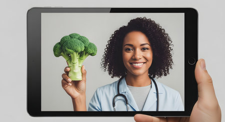 A hand holds a tablet computer displaying a smiling female nutritionist or doctor, who is holding up a piece of broccoli with a smiley face on it. This image represents telehealth, online nutrition advice, and healthy eating.の素材
