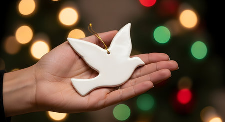 A person's hand holds a white ceramic dove ornament, a symbol of peace. In the background, a Christmas tree is blurred, creating colorful bokeh lights in red, green, and yellow, representing peace, hope, and the holiday season.の素材