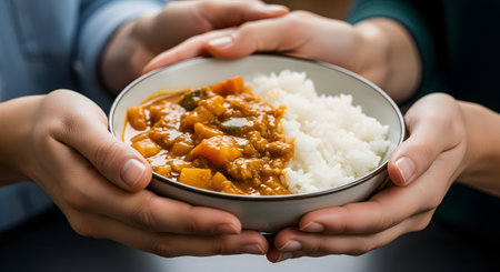 A close-up on two pairs of hands holding a single bowl of vegetable curry and white rice, as if one person is offering it to another. The image represents sharing, community, giving, comfort food, and hospitality.の素材