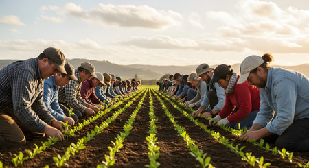 A long line of diverse farm workers, men and women, kneel in a field, planting young seedlings in neat, parallel rows. The sun is setting in the background, casting a warm light. This image represents agriculture, farming, teamwork, and manual labor.の素材