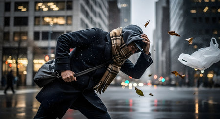 A man wearing a hooded coat and scarf braces himself against a strong wind and rain storm on a city street. He holds his hood down as leaves and a plastic bag fly past him, conveying a struggle against the elements.の素材