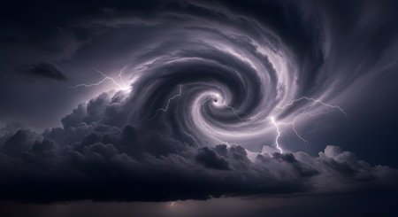 A dramatic, epic image of a massive, swirling storm cloud forming a vortex or portal in the sky, with multiple bolts of lightning striking. The scene depicts a severe thunderstorm, hurricane, or supernatural event.の素材