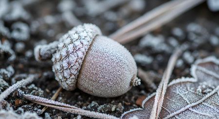 A macro, close-up shot of a single acorn lying on the ground, covered in a delicate layer of white frost. The surrounding soil and leaves are also frozen, evoking a cold winter morning.の素材
