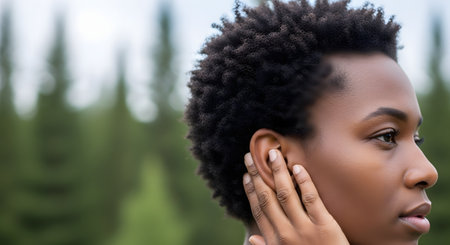 A side-profile close-up of a Black woman with short, natural afro-textured hair. Her hand is touching her ear as she listens intently, with a blurred green forest or park in the background.の素材