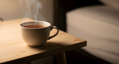 A white ceramic mug filled with a hot beverage, likely tea or coffee, sits on a light wooden table. Steam rises from the cup in the warm, ambient light, creating a cozy and relaxing atmosphere.の素材