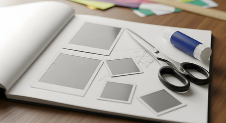 An open scrapbook or notebook lies on a wooden desk, surrounded by crafting supplies. Blank instant-photo-style frames are laid out on the page with scissors, a glue stick, and colorful paper nearby, representing a hobby or memory-keeping.の素材