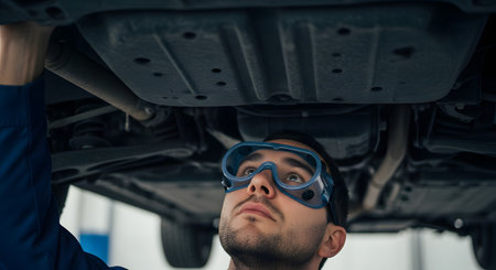 A focused male auto mechanic, wearing protective safety goggles, looks up to inspect the undercarriage of a car that is raised on a hydraulic lift in a garage. This image portrays a professional at work, performing vehicle maintenance and safety checks.の素材