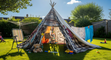 A homemade children's teepee or tent, made from blankets and sticks, sits in a grassy backyard on a sunny day. Toys, a teddy bear, and a small clothesline are nearby, creating a scene of childhood play and imagination.の素材