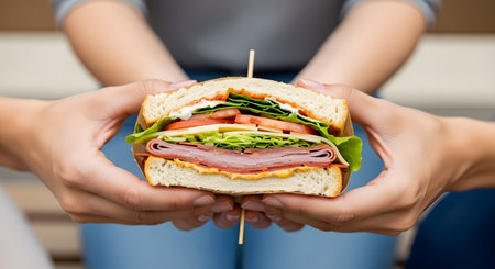 Two people's hands are seen sharing or holding a large, cut-in-half submarine sandwich. The sandwich is layered with ham, cheese, lettuce, and tomatoes, held together by a wooden skewer.の素材