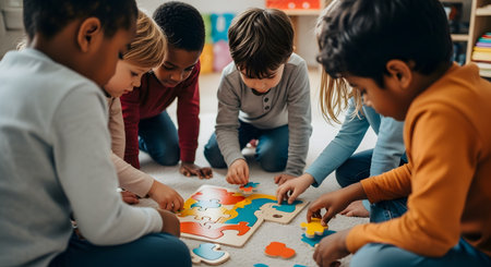 A group of diverse preschool children are gathered on the floor, working together to solve a colorful wooden jigsaw puzzle. They are focused and engaged, demonstrating teamwork, problem-solving, and fine motor skills. The setting appears to be a classroom, kindergarten, or playroom, highlighting education and social development.の素材