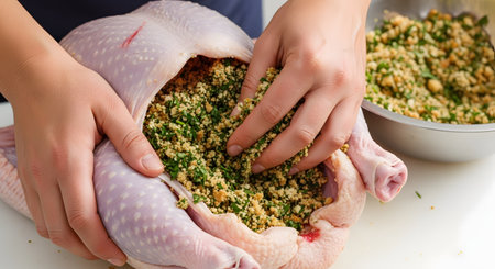 A pair of hands carefully fills the cavity of a raw, whole turkey with a breadcrumb and herb stuffing. The food preparation takes place on a white surface, with a large mixing bowl of extra stuffing nearby, likely for a holiday meal like Thanksgiving.の素材