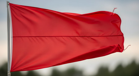 A large, plain red flag waves in the wind, attached to a silver flagpole. The background is a soft, out-of-focus sky with some trees blurred at the bottom, indicating an outdoor setting.の素材