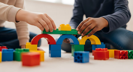 A close-up shot shows the hands of two diverse children playing together on a carpet. They are collaborating to build a bridge structure using colorful interlocking plastic blocks, demonstrating teamwork, creativity, and childhood development.の素材