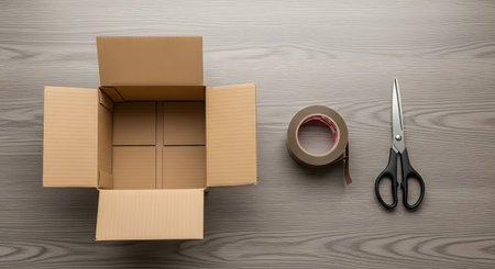 A top-down flat lay view of packing supplies on a grey wooden surface. An empty, open cardboard box is on the left, while a roll of brown packing tape and a pair of black-handled scissors are on the right. This image represents moving, shipping, or unboxing.の素材