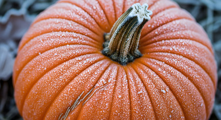 A macro close-up of a bright orange pumpkin sitting on frosty ground, covered in a delicate layer of white frost. The ice crystals highlight the pumpkin's deep ridges and stem. The image evokes the transition from autumn to winter, Halloween, or Thanksgiving.の素材
