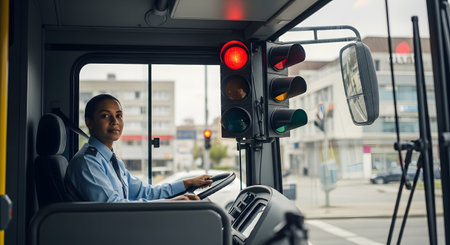 A confident female bus driver in uniform sits behind the steering wheel, looking at the camera while stopped at a red traffic light. The view from inside the driver's cabin shows a city street scene ahead, representing public transportation and professional service.の素材
