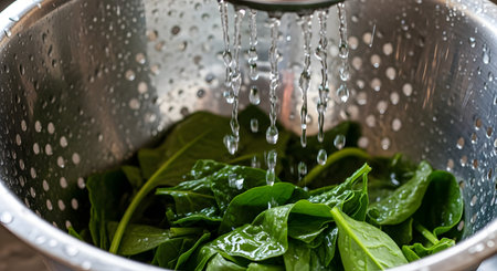 Fresh, vibrant green spinach leaves are being washed in a stainless steel colander. Streams of clean, running water pour down from a faucet, splashing over the leaves. This image represents healthy eating, food preparation, cleanliness, and fresh ingredients.の素材