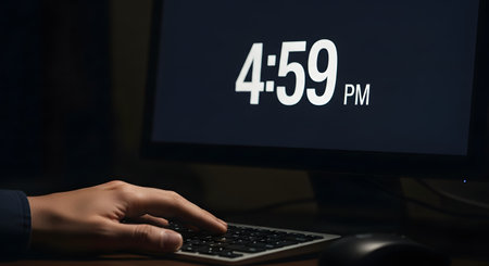 A close-up of a person's hand on a keyboard in a dark room, with a computer monitor in the background displaying the time '4:59 PM'. The image suggests the end of the workday, a deadline approaching, or someone working late.の素材