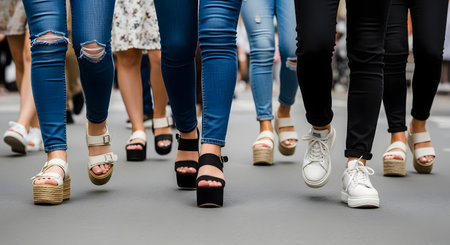 A low-angle, street-level view of a group of women's legs walking forward on an asphalt road. They are wearing fashionable footwear, including platform sandals and white sneakers, paired with blue and black jeans. The image captures a sense of urban style, fashion, and movement.の素材