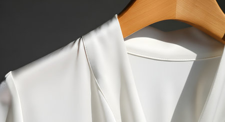 A close-up shot of a white silk or satin blouse hanging on a wooden hanger. Sunlight casts soft shadows on the smooth, elegant fabric, highlighting the texture and stitching details of the collar and shoulder. The image suggests fashion, luxury, and minimalism.の素材