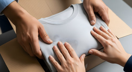 Close-up of two pairs of hands over an open cardboard box. One person is giving or placing a neatly folded light grey t-shirt into the box, and the other person's hands are receiving or touching it. This image represents giving, receiving, donation, or e-commerce packaging.の素材