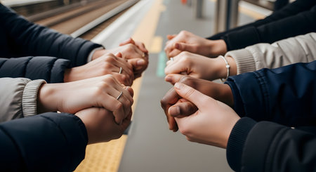 A close-up, eye-level shot shows a diverse group of people holding hands in a line, standing over the yellow safety line of a train station platform. This image represents unity, teamwork, support, and community.の素材
