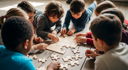 A group of diverse young children are lying on a wooden floor, working together to solve a wooden jigsaw puzzle. They are focused and engaged, demonstrating teamwork, problem-solving, and childhood education.の素材