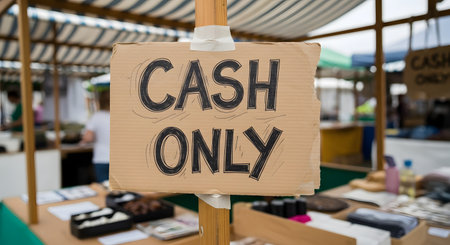 A close-up of a handwritten 'CASH ONLY' sign taped to a wooden post at an outdoor market stall. The background shows the blurred setup of a farmers market or craft fair.の素材