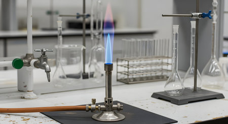 A lit Bunsen burner with a strong blue and orange flame sits on a bench in a science laboratory. Various pieces of chemistry glassware, such as beakers and test tubes, are visible in the background, setting the scene for a scientific experiment or research.の素材
