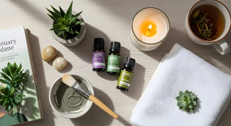 A wellness-themed flat lay on a light wooden background, showcasing items for self-care and relaxation. This includes bottles of lavender, eucalyptus, and tea tree essential oils, a lit soy candle, a clay face mask, herbal tea, and succulent plants.の素材