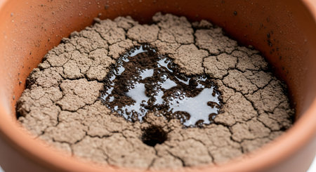 A macro shot inside a terracotta pot showing extremely dry, cracked soil. A small puddle of water sits on the surface, struggling to be absorbed, illustrating drought or the need for watering.の素材