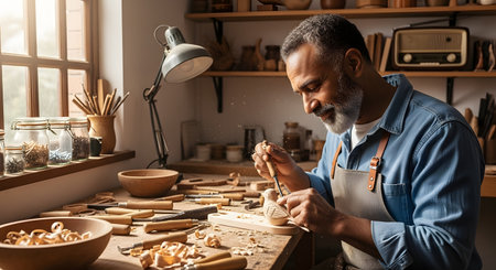 A focused senior man with a grey beard, wearing an apron, sits at a workbench in his workshop, meticulously carving a small wooden bird with a chisel. His bench is covered in various woodworking tools and wood shavings, and shelves in the background hold jars and a vintage radio. The scene evokes craftsmanship, hobby, and skilled artisanship.の素材
