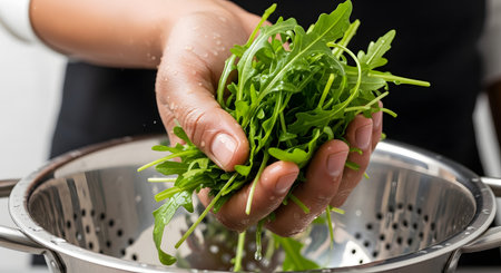 A close-up shot of a person's hand holding a handful of fresh, wet arugula leaves over a stainless steel colander. This image evokes concepts of healthy eating, food preparation, and fresh ingredients in a kitchen setting.の素材