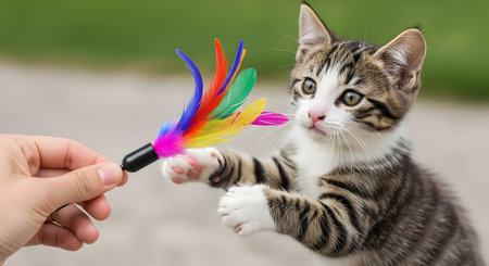 A small, adorable tabby and white kitten plays with a colorful feather toy held by a person's hand. The kitten has its paws up, ready to pounce, showing a playful and curious nature in an outdoor setting.の素材