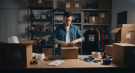 A young man, likely a small business owner, stands at a packing table in a stockroom, carefully placing an item into a cardboard shipping box. The room is filled with shelves of merchandise, packing supplies like tape and bubble wrap, and stacks of boxes, representing e-commerce and order fulfillment.の素材
