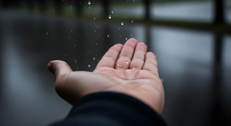 A close-up, first-person perspective of a person's open hand, palm up, catching raindrops. Rain is falling, with small droplets splashing in the hand and in the air against a blurred, dark background. The image evokes a sense of connection with nature, weather, and a melancholic or peaceful mood.の素材