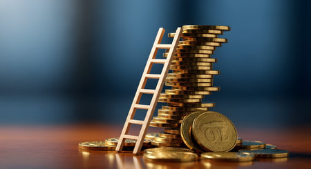 A conceptual image of a small wooden ladder leaning against a tall, precarious stack of shiny gold coins. The scene represents concepts such as financial growth, career climbing, investment risk, ambition, and the path to wealth and success.の素材