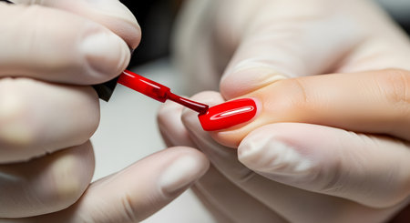 A close-up macro shot of a manicurist wearing white gloves, meticulously applying a coat of bright red nail polish to a client's fingernail. The process highlights beauty, pampering, and professional salon services.の素材