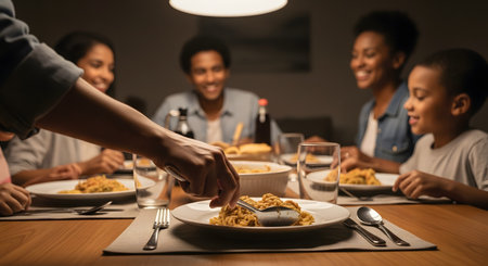 A smiling African American family is gathered around a dining table, enjoying a meal together in a warmly lit room. A hand is seen serving pasta onto a plate, highlighting a moment of family bonding and shared dinner time.の素材