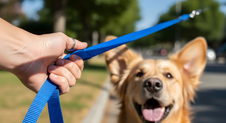 A close-up, first-person perspective of a hand holding a blue nylon dog leash. In the blurred background, a happy, panting dog (possibly a golden retriever mix) looks eagerly towards the camera. The outdoor setting suggests a walk in a park or neighborhood.の素材