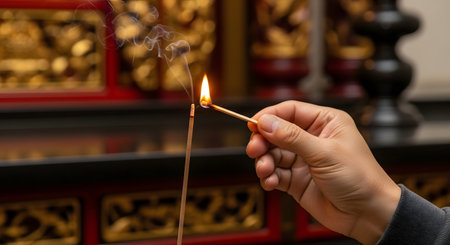 A person's hand uses a lit match to light the tip of a single incense stick. Smoke begins to curl from the incense, which is held in front of a blurred, ornate, red and gold traditional altar or shrine.の素材