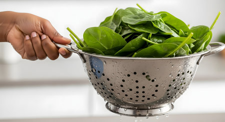A person's hand holds a stainless steel colander filled with fresh, green baby spinach leaves. Water is dripping from the colander, indicating the spinach has just been washed, with a bright, clean kitchen blurred in the background.の素材