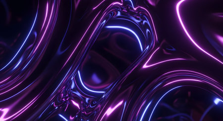 A 3D abstract background featuring flowing, wavy lines of neon light in vibrant pink and blue. The glossy, reflective surfaces create a futuristic and energetic motion effect, ideal for technology or music event themes.の素材