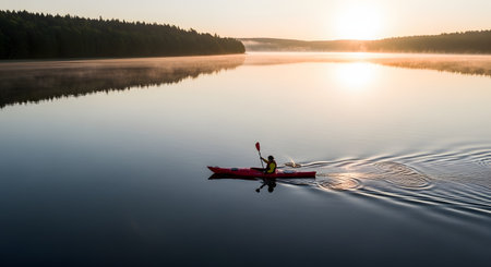 Aerial view of a person in a red kayak paddling on a perfectly calm, misty lake at sunrise. The golden sun reflects on the water, and a dark forest lines the distant shore. The image evokes tranquility, solitude, nature, and outdoor recreation.の素材