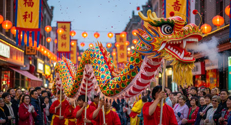 A vibrant and colorful dragon dance performance moves through a crowded street during a Chinese New Year parade. Performers in red hold up the large dragon puppet, while the street is decorated with red lanterns and banners.の素材