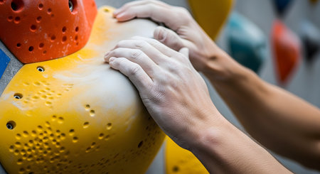A close-up shot of a rock climber's hands, covered in white chalk, gripping a large yellow hold on an indoor climbing wall. The climber's arms show tension and focus. Other colorful holds are visible in the blurred background, representing strength, sport, and determination.の素材