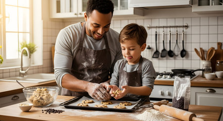 A happy father and his young son, both wearing aprons, are baking cookies in a bright, modern kitchen. The father helps the boy place cookie dough on a baking sheet, with flour, chocolate chips, and a rolling pin on the counter.の素材