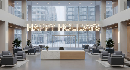 The interior of a spacious, modern corporate lobby or hotel atrium decorated for the holidays. A large, illuminated 'HAPPY HOLIDAYS' sign hangs in the center, overlooking a reception desk and a waiting area with contemporary furniture. The large glass windows show a city building in the background.の素材