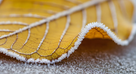 A macro, close-up shot of a fallen yellow autumn leaf, with its delicate veins visible. The edges of the leaf are encrusted with tiny, sparkling ice crystals from an early morning frost, signaling the transition from fall to winter.の素材